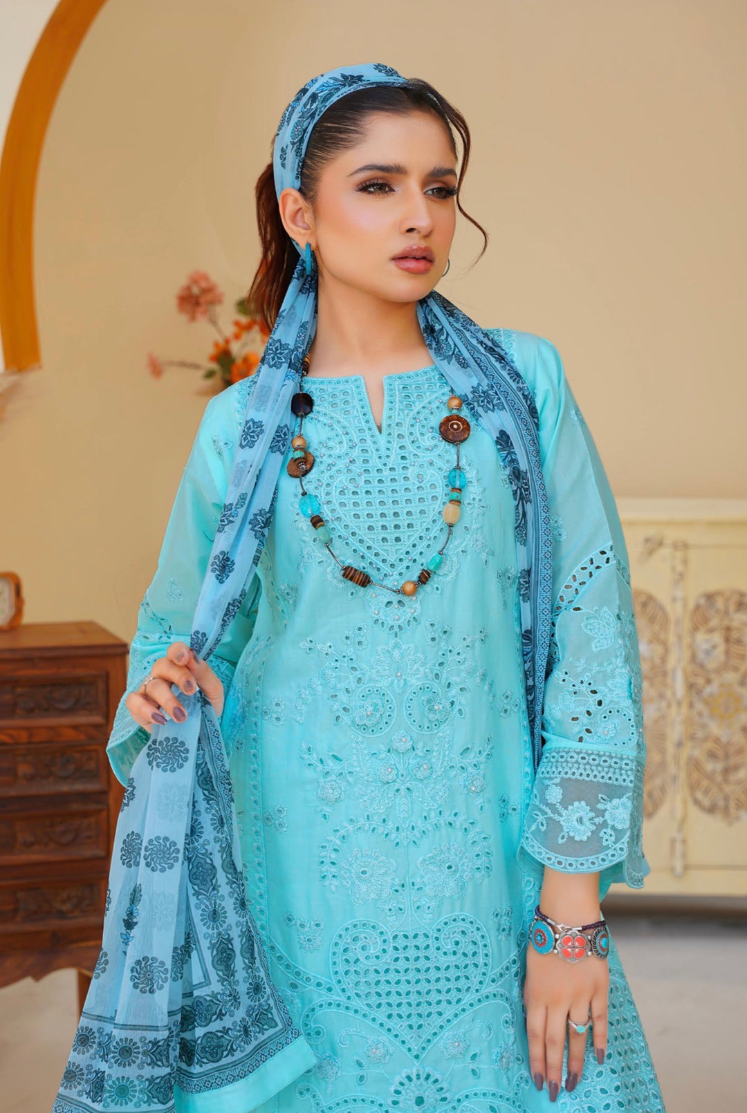 AR05 - Attire Light Blue Embroidered Chikankari Cotton 3 Piece suit