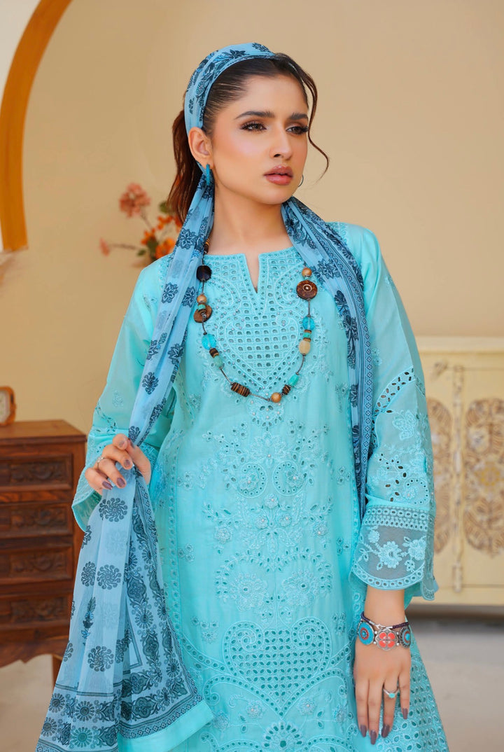 AR05 - Attire Light Blue Embroidered Chikankari Cotton 3 Piece suit
