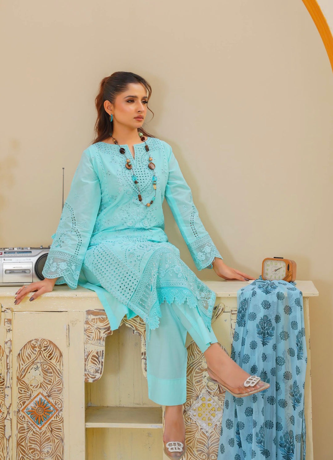 AR05 - Attire Light Blue Embroidered Chikankari Cotton 3 Piece suit