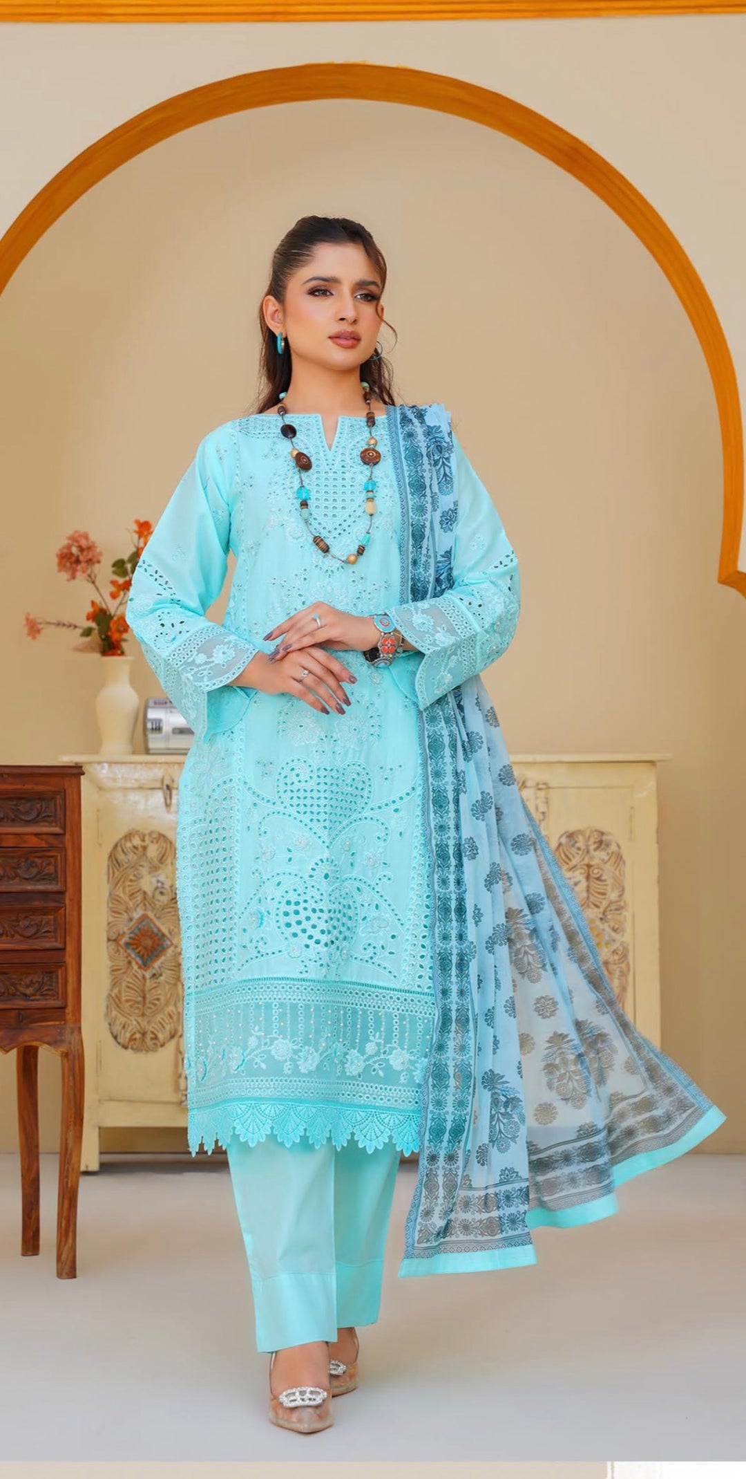 AR05 - Attire Light Blue Embroidered Chikankari Cotton 3 Piece suit