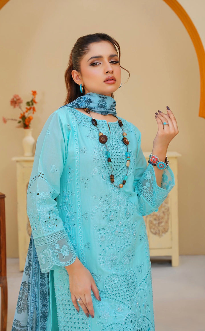 AR05 - Attire Light Blue Embroidered Chikankari Cotton 3 Piece suit