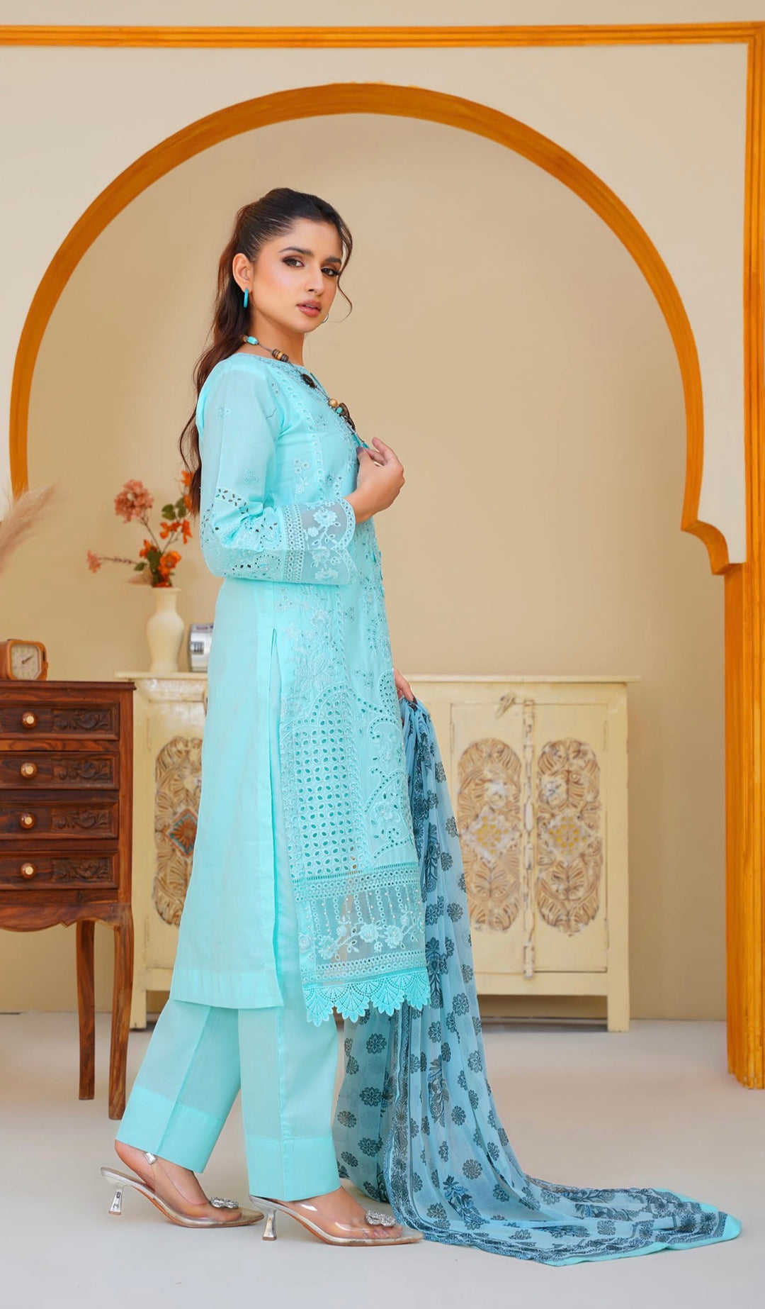 AR05 - Attire Light Blue Embroidered Chikankari Cotton 3 Piece suit