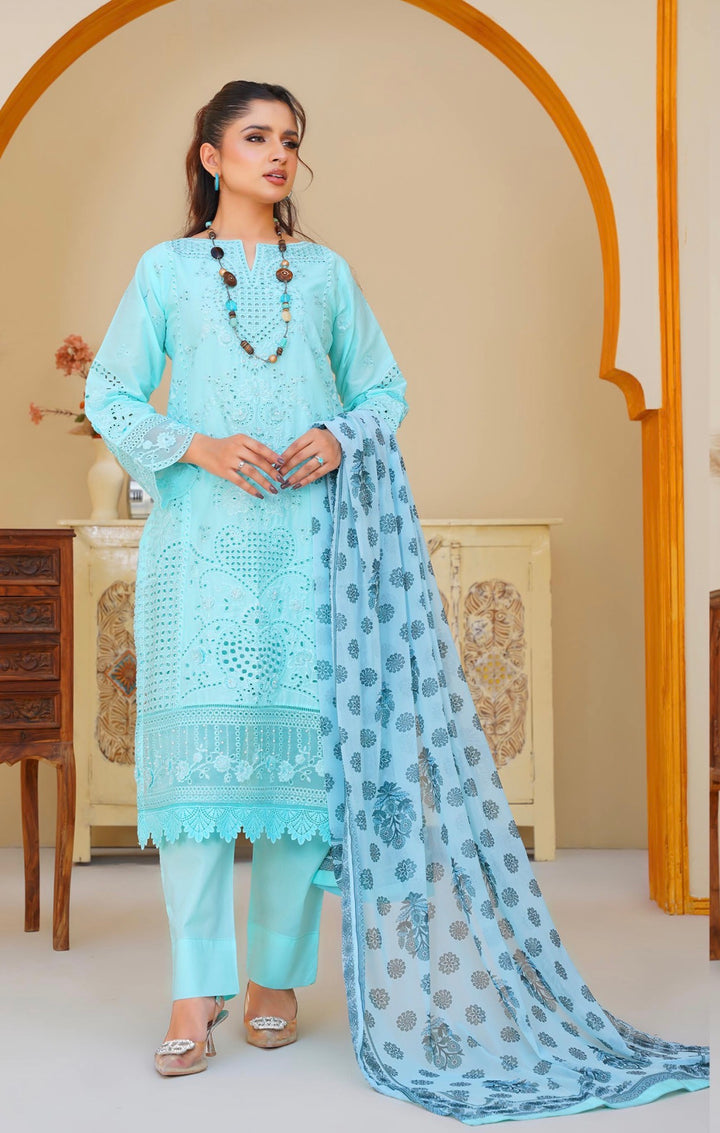AR05 - Attire Light Blue Embroidered Chikankari Cotton 3 Piece suit