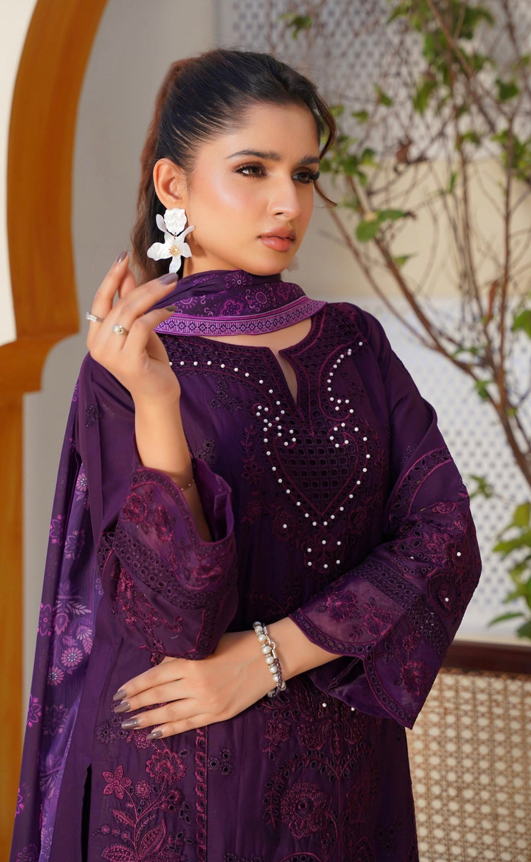AR08 - Attire Purple Embroidered Chikankari Cotton 3 Piece suit