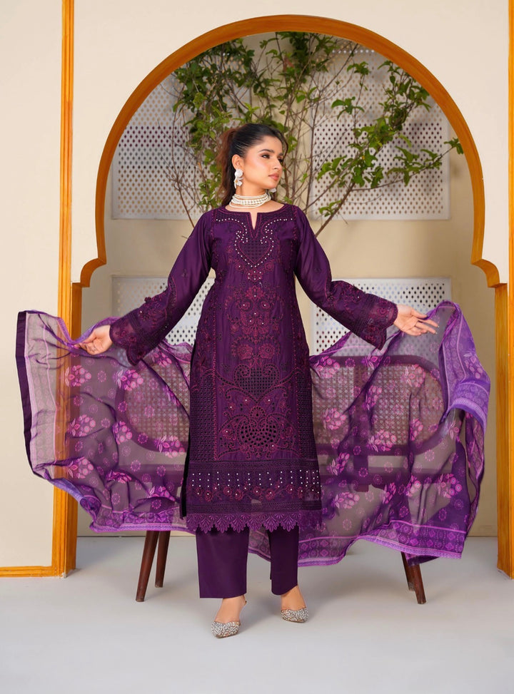 AR08 - Attire Purple Embroidered Chikankari Cotton 3 Piece suit
