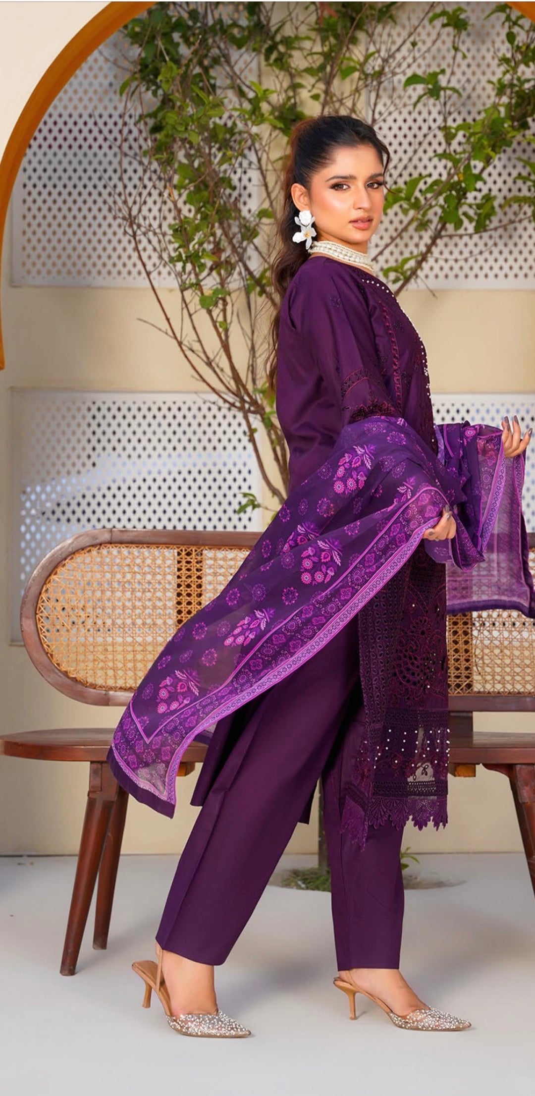 AR08 - Attire Purple Embroidered Chikankari Cotton 3 Piece suit