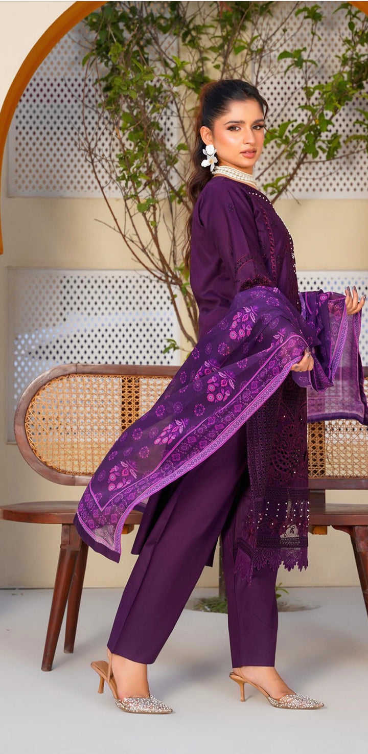 AR08 - Attire Purple Embroidered Chikankari Cotton 3 Piece suit