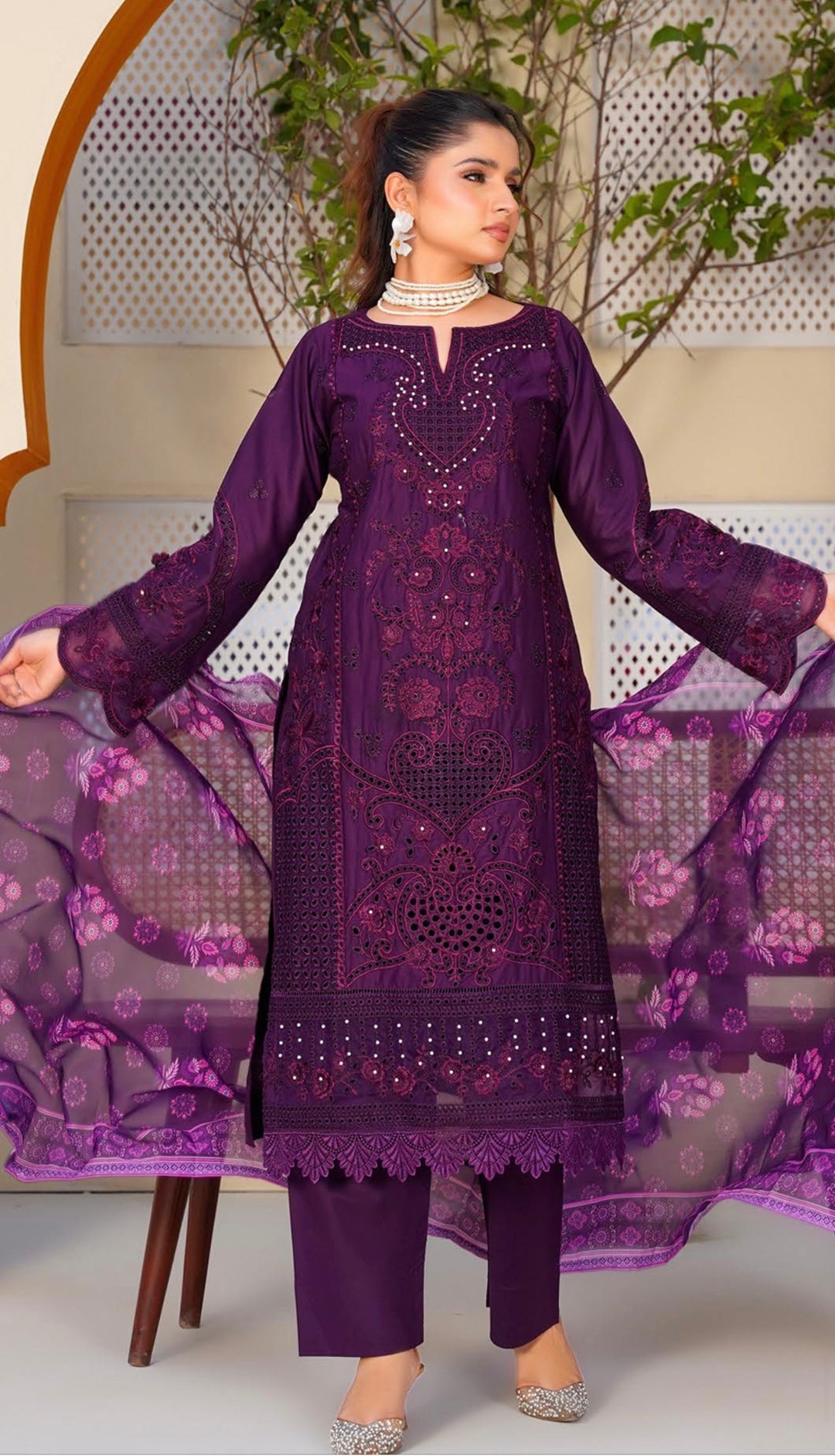 AR08 - Attire Purple Embroidered Chikankari Cotton 3 Piece suit