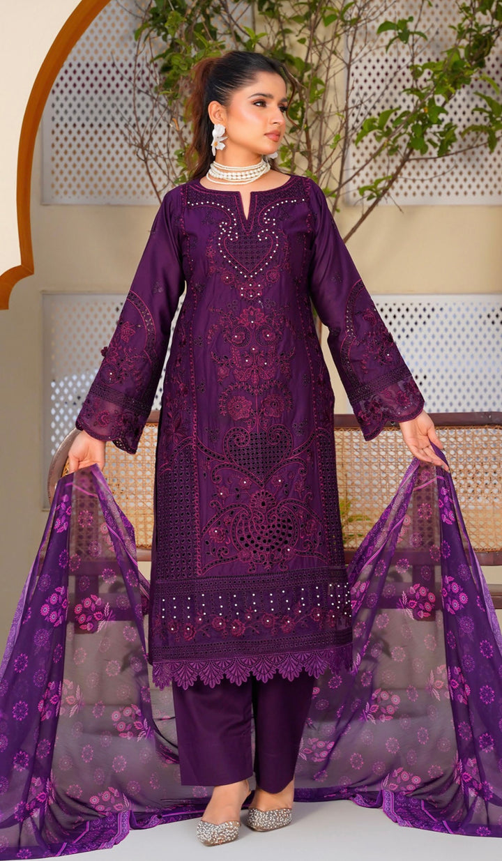 AR08 - Attire Purple Embroidered Chikankari Cotton 3 Piece suit
