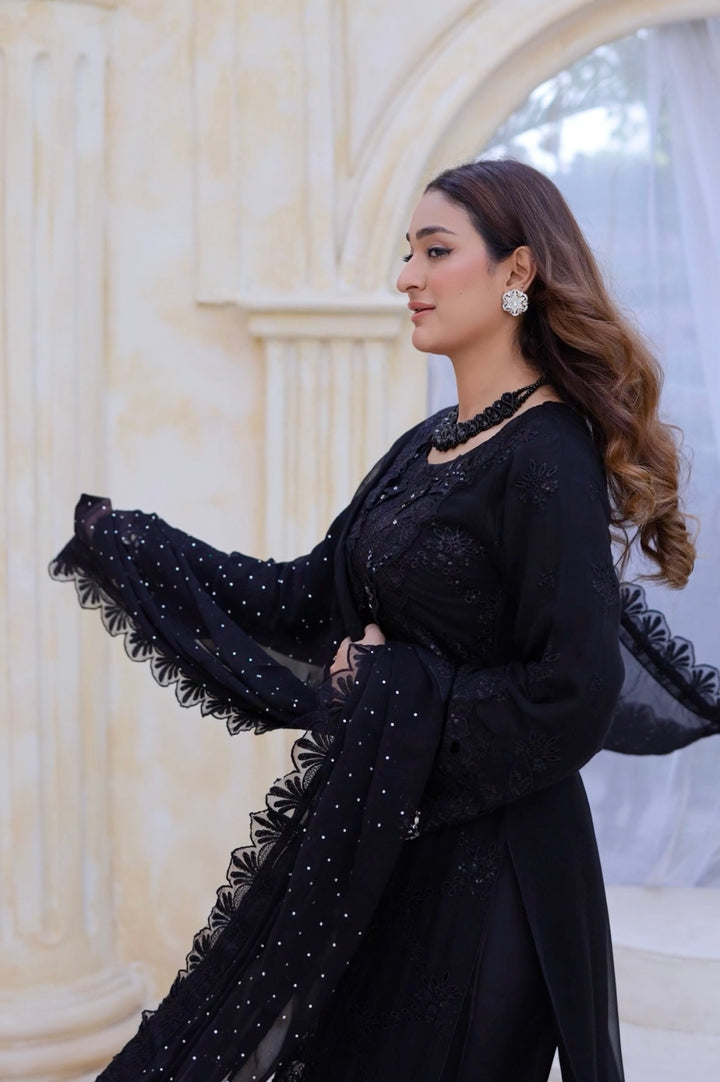 355D - Maria b inspired Black Embroidered chiffon suit