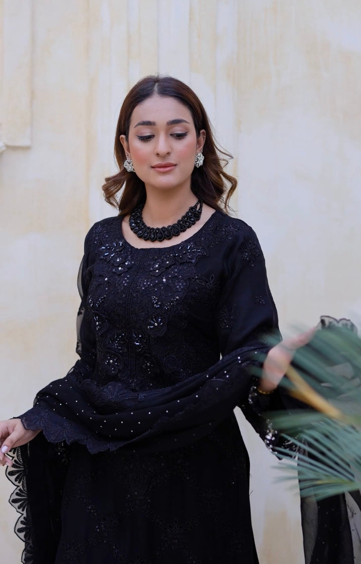 355D - Maria b inspired Black Embroidered chiffon suit