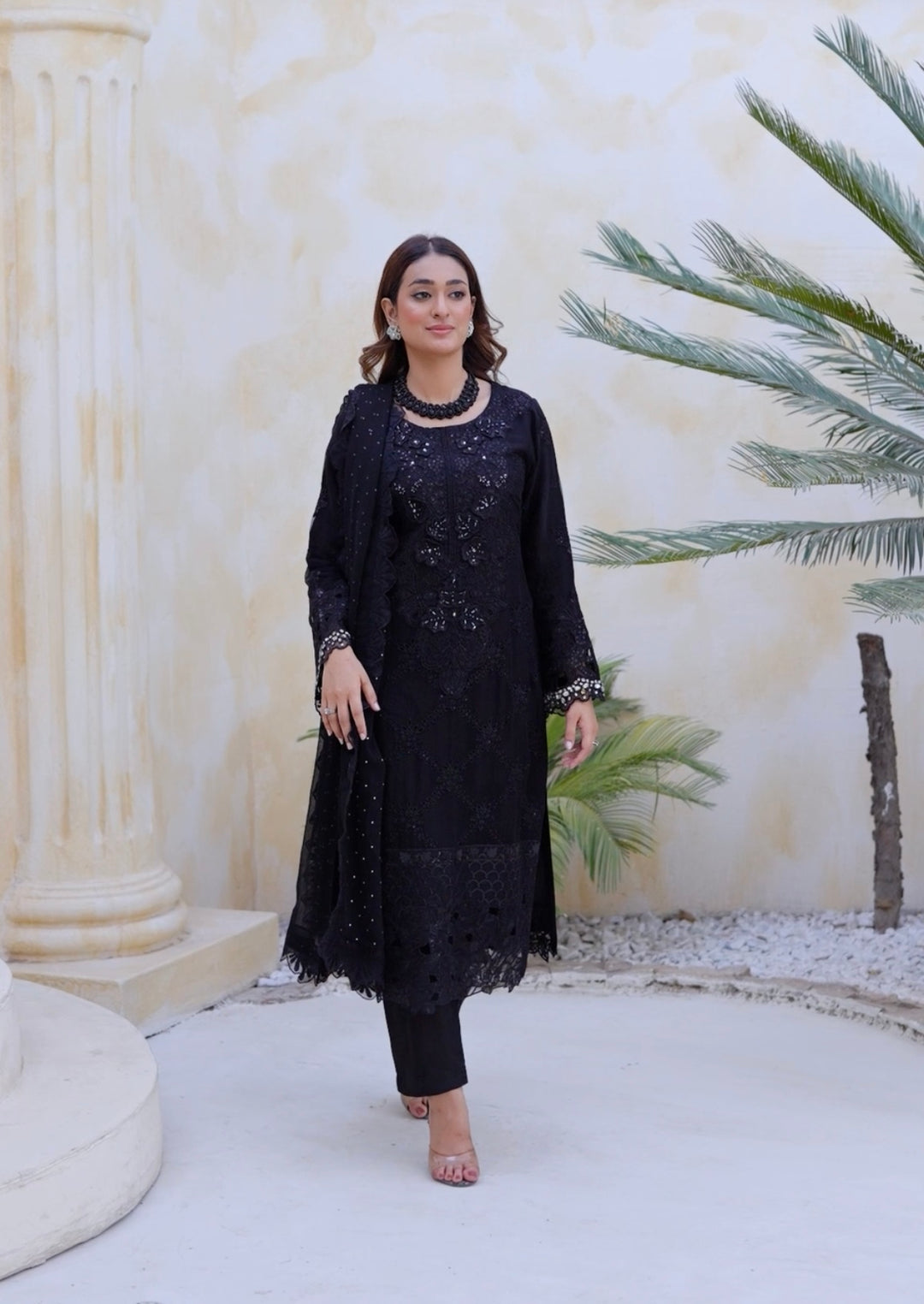 355D - Maria b inspired Black Embroidered chiffon suit