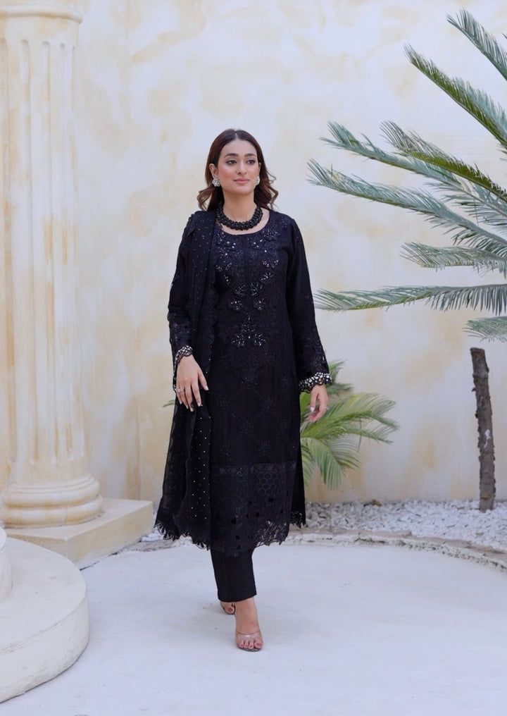 355D - Maria b inspired Black Embroidered chiffon suit