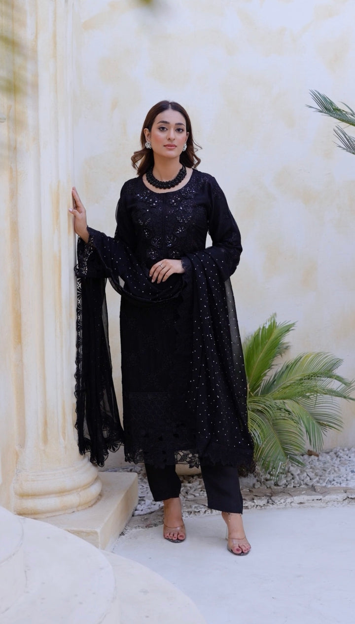 355D - Maria b inspired Black Embroidered chiffon suit