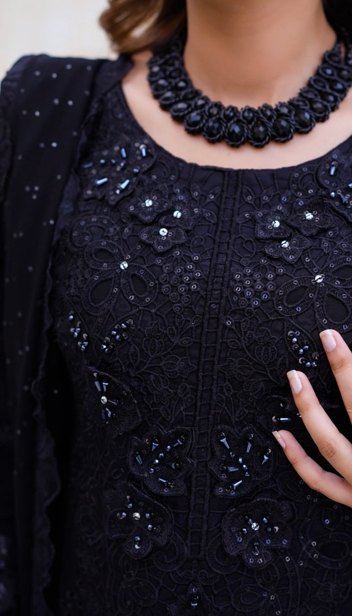 355D - Maria b inspired Black Embroidered chiffon suit