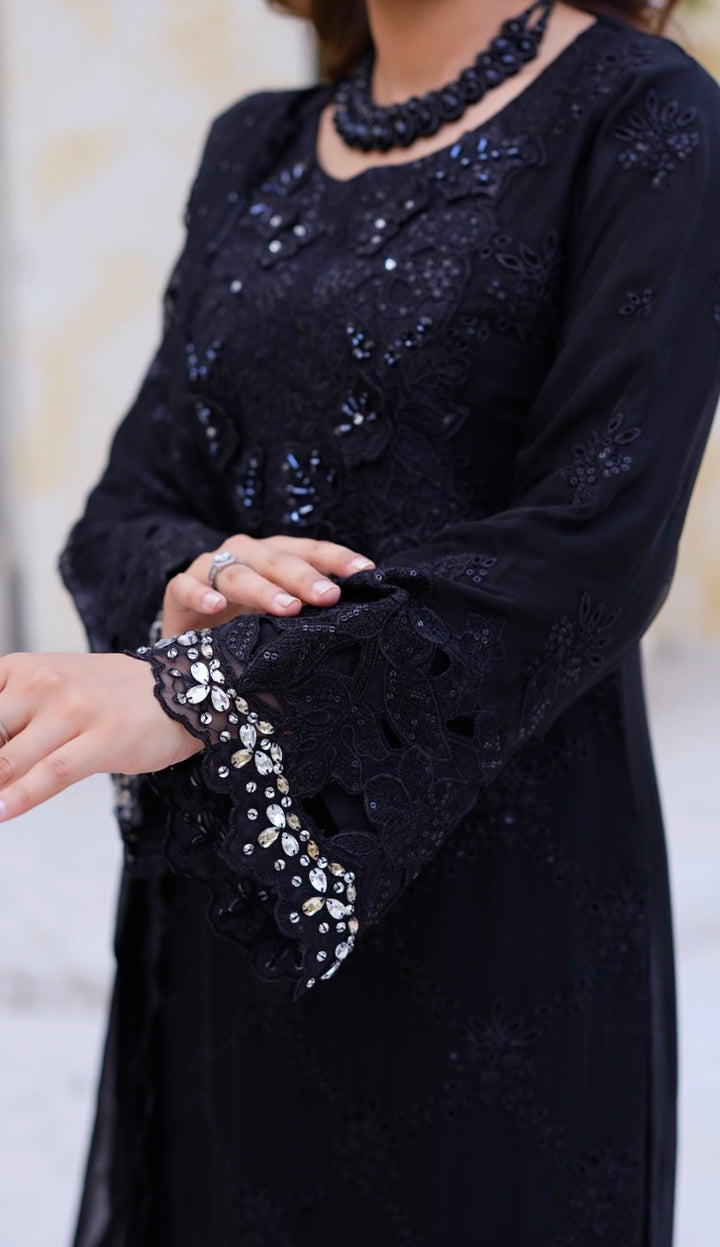 355D - Maria b inspired Black Embroidered chiffon suit