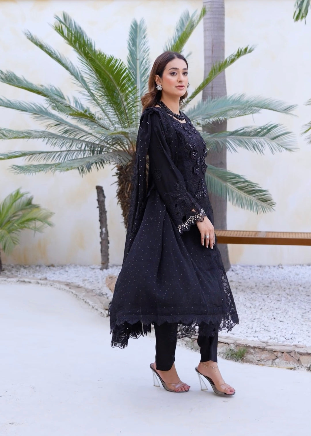 355D - Maria b inspired Black Embroidered chiffon suit