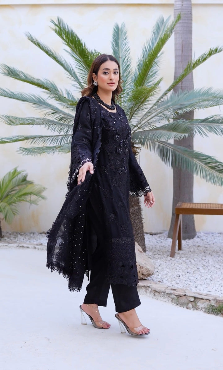 355D - Maria b inspired Black Embroidered chiffon suit