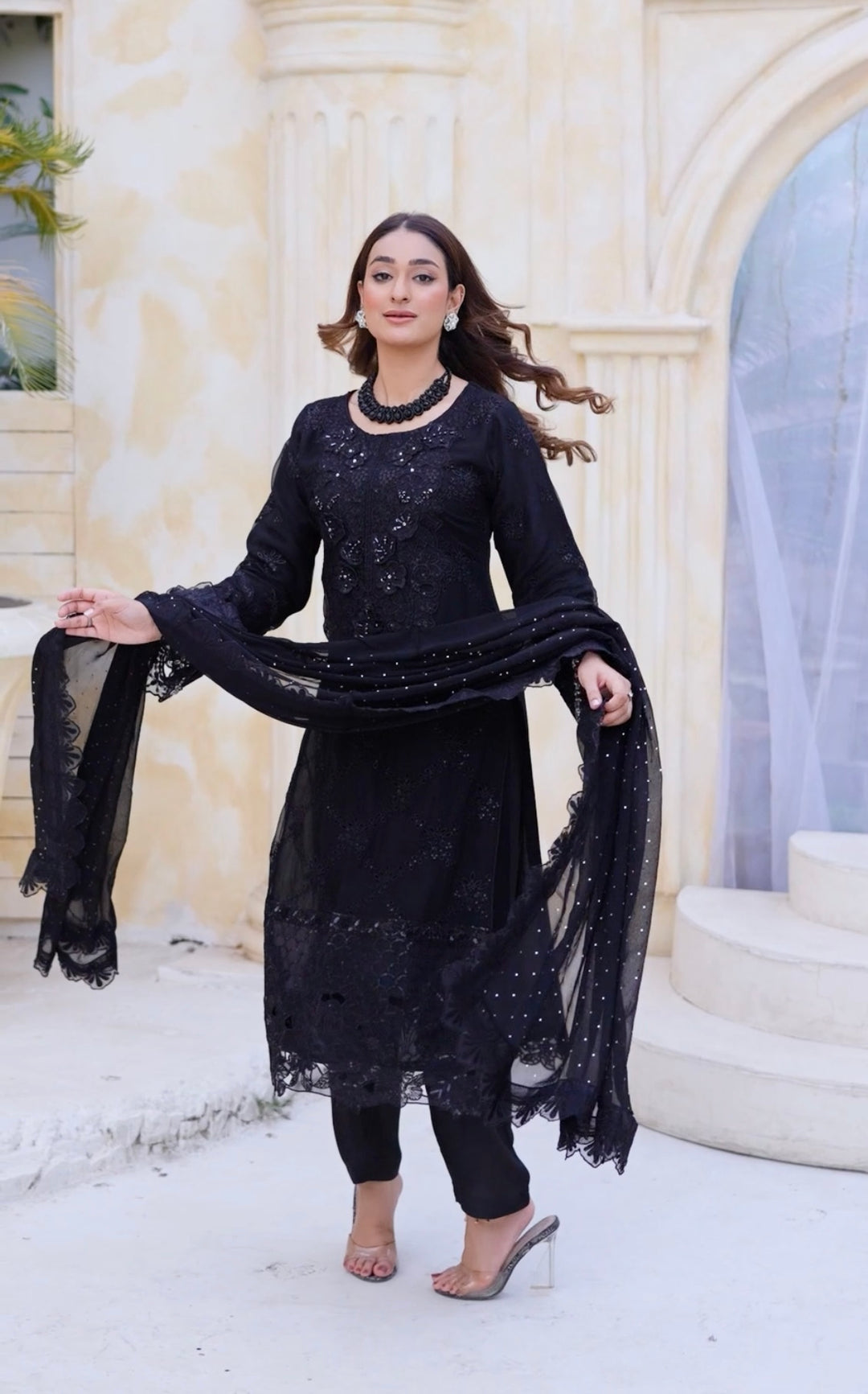 355D - Maria b inspired Black Embroidered chiffon suit
