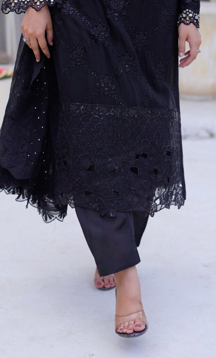355D - Maria b inspired Black Embroidered chiffon suit