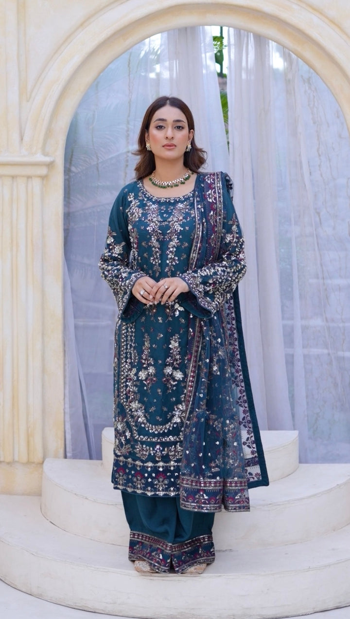TEAL EMBROIDERED & EMBELLDHED 3 PIECE SUIT 349C