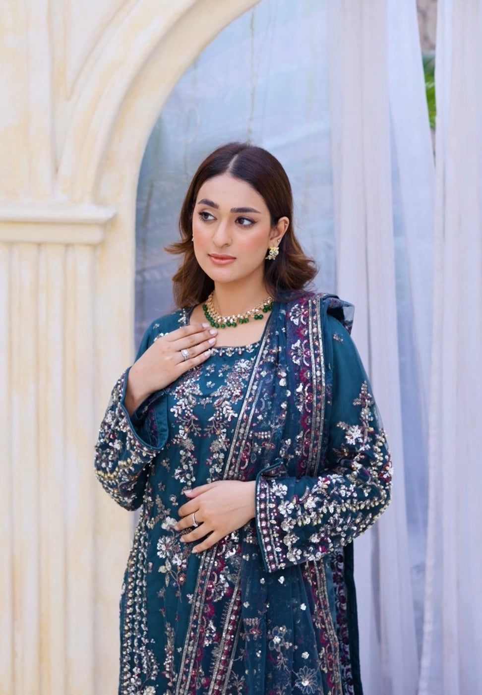 TEAL EMBROIDERED & EMBELLDHED 3 PIECE SUIT 349C