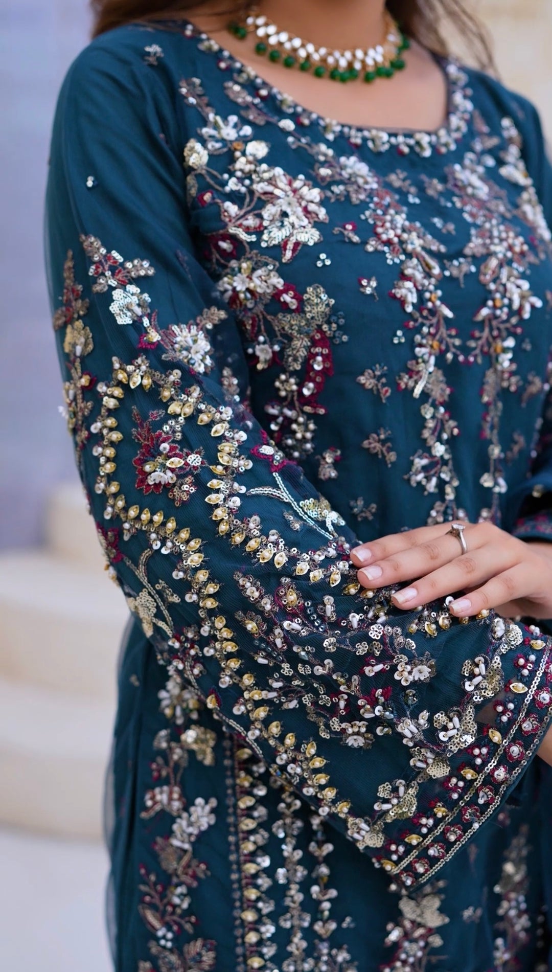 TEAL EMBROIDERED & EMBELLDHED 3 PIECE SUIT 349C