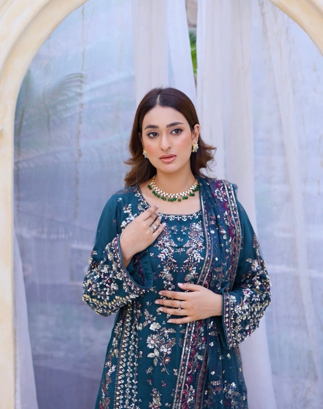 TEAL EMBROIDERED & EMBELLDHED 3 PIECE SUIT 349C