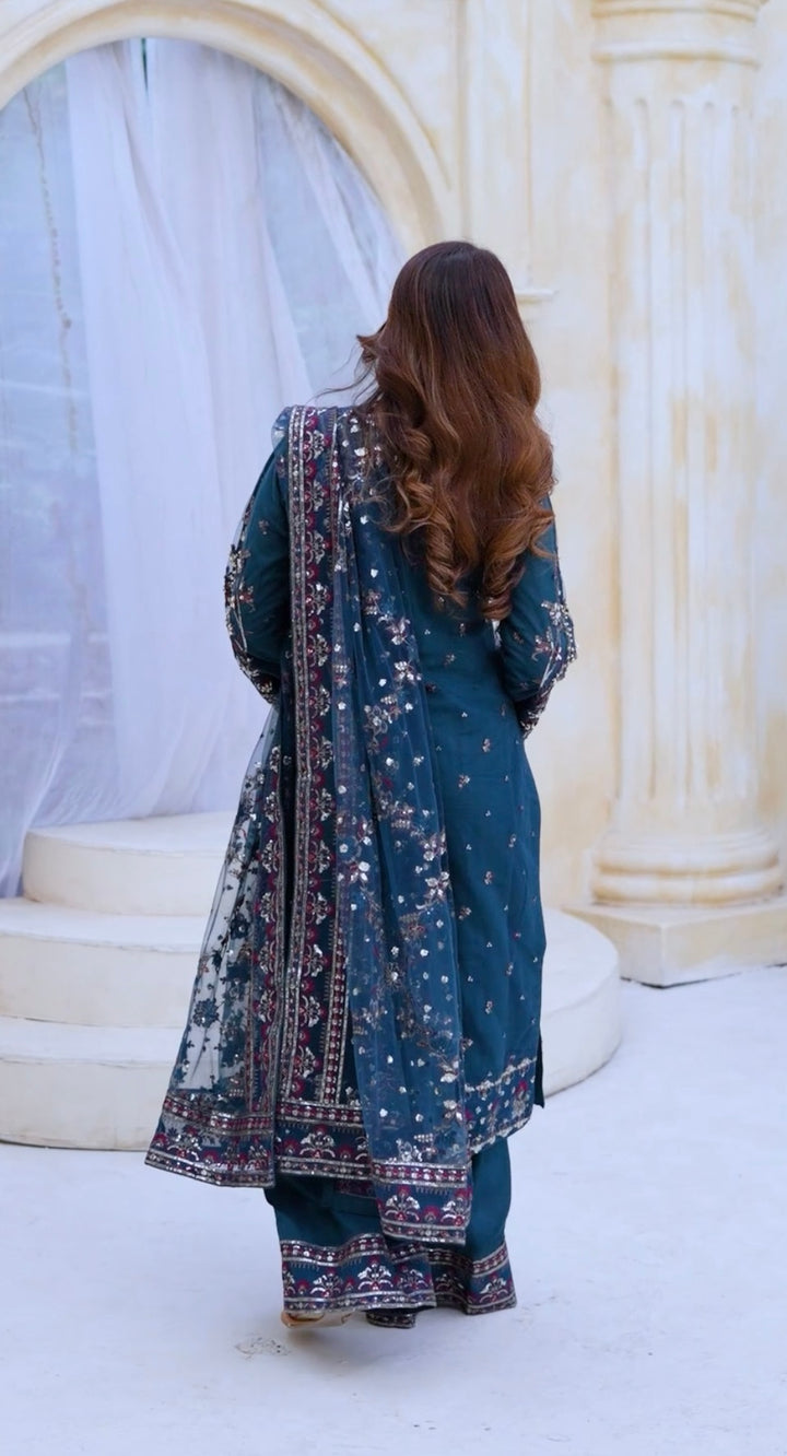 TEAL EMBROIDERED & EMBELLDHED 3 PIECE SUIT 349C