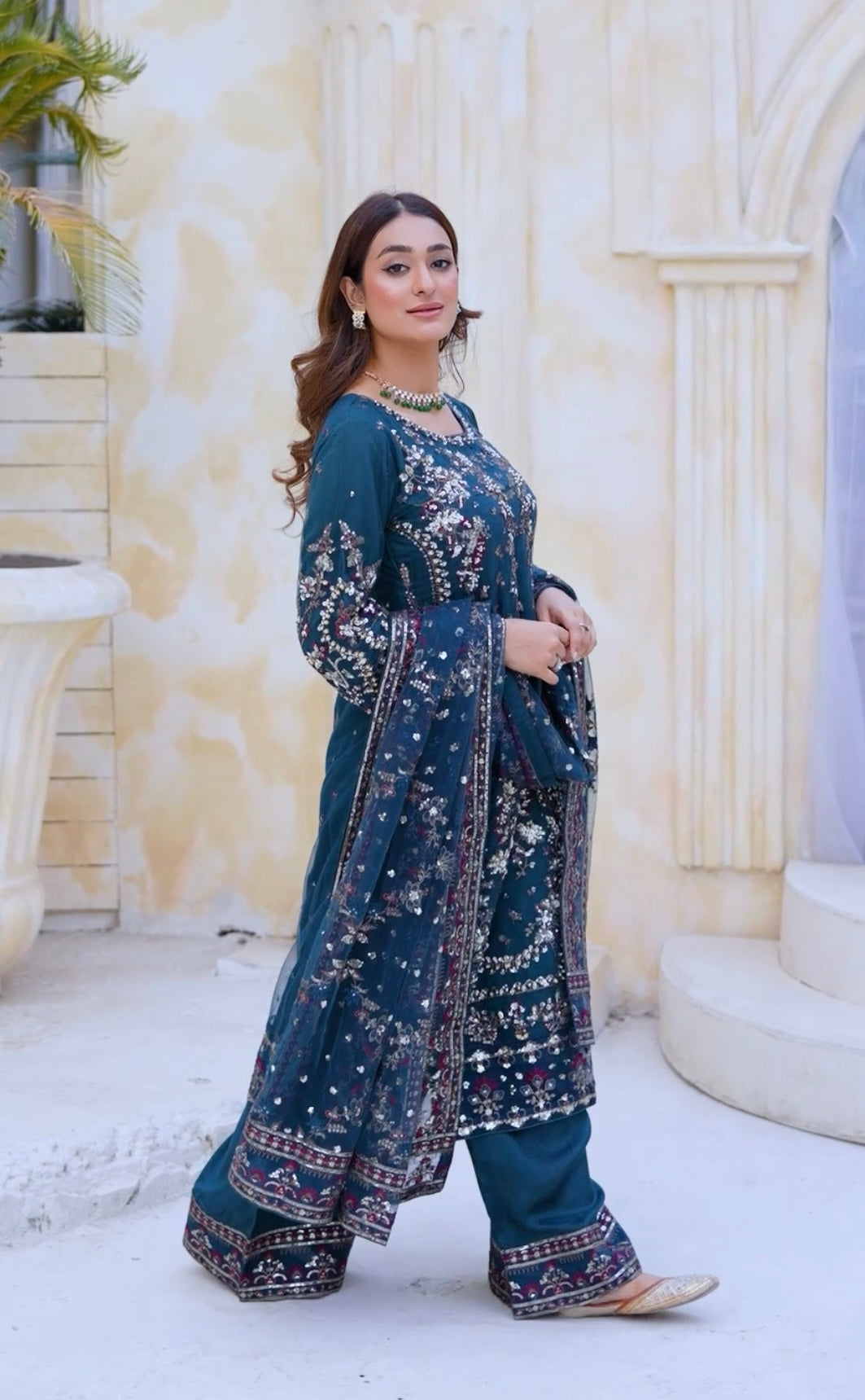 TEAL EMBROIDERED & EMBELLDHED 3 PIECE SUIT 349C