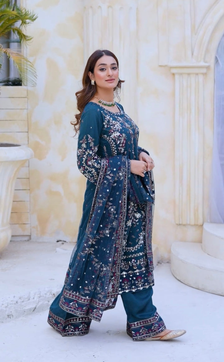 TEAL EMBROIDERED & EMBELLDHED 3 PIECE SUIT 349C