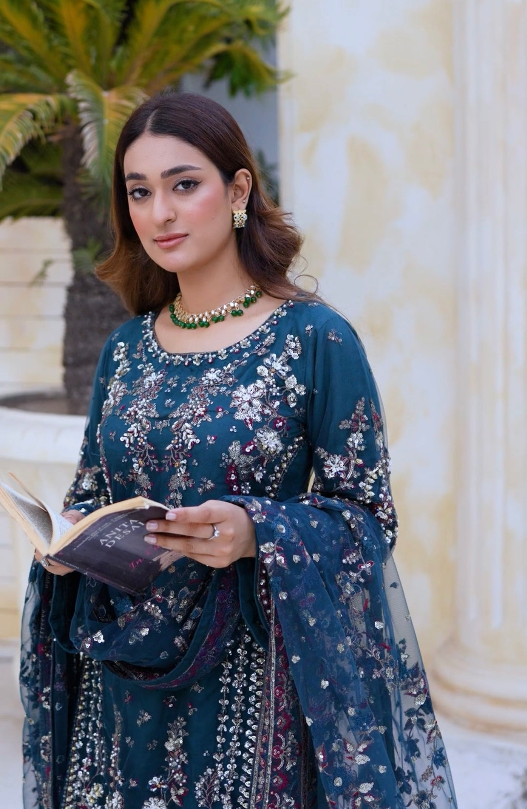 TEAL EMBROIDERED & EMBELLDHED 3 PIECE SUIT 349C