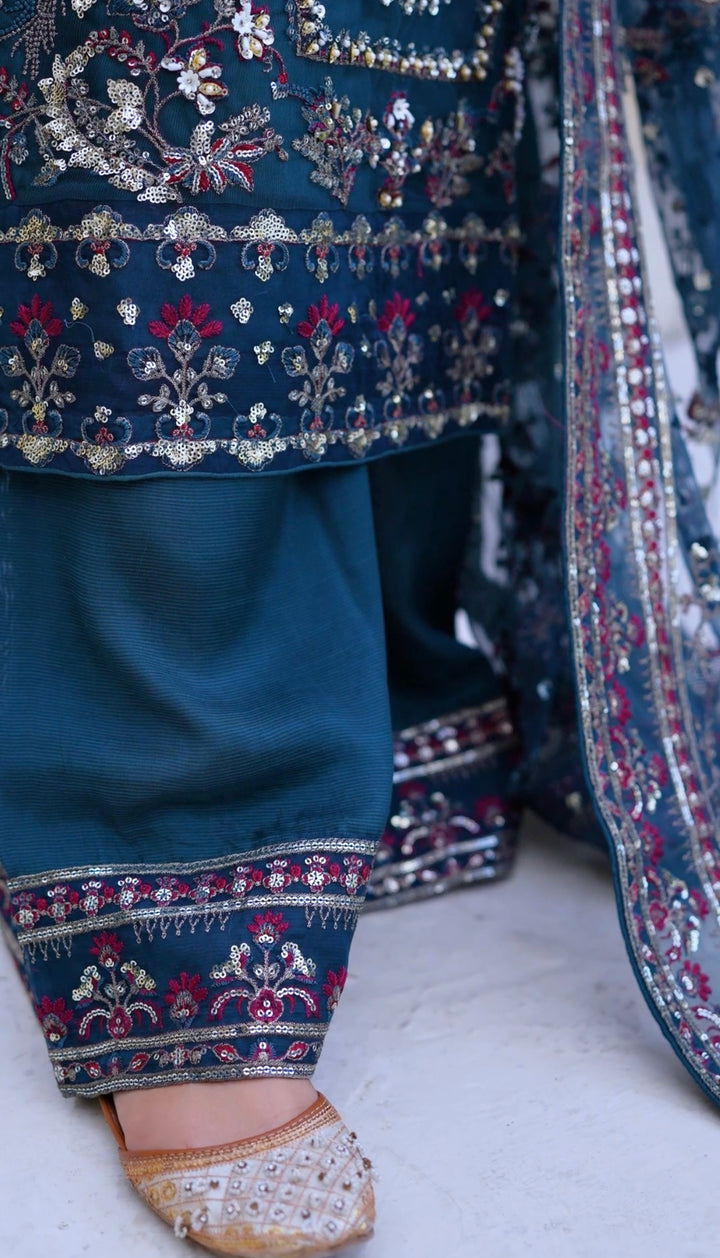 TEAL EMBROIDERED & EMBELLDHED 3 PIECE SUIT 349C