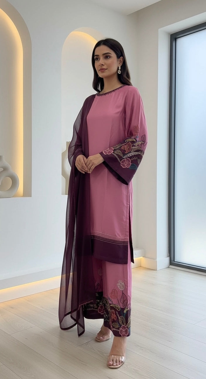 1180A - Pink Embroidered Viscose 3 Piece suit