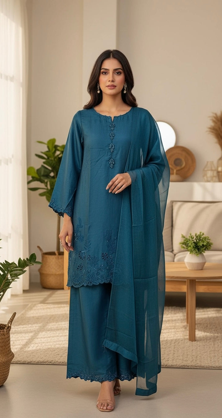 1181A - Teal Embroidered Viscose Linen 3 Piece suit