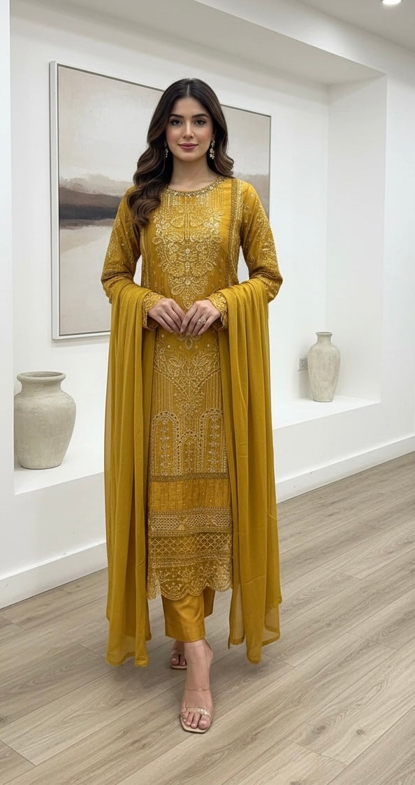1184A - Mustard Embroidered Viscose 3 Piece suit