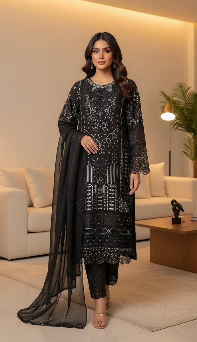 1184B - Black Embroidered Viscose 3 Piece suit