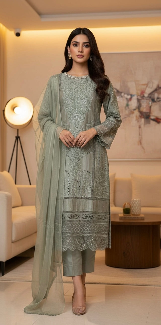 1184C - Sage Grey Embroidered Viscose 3 Piece suit