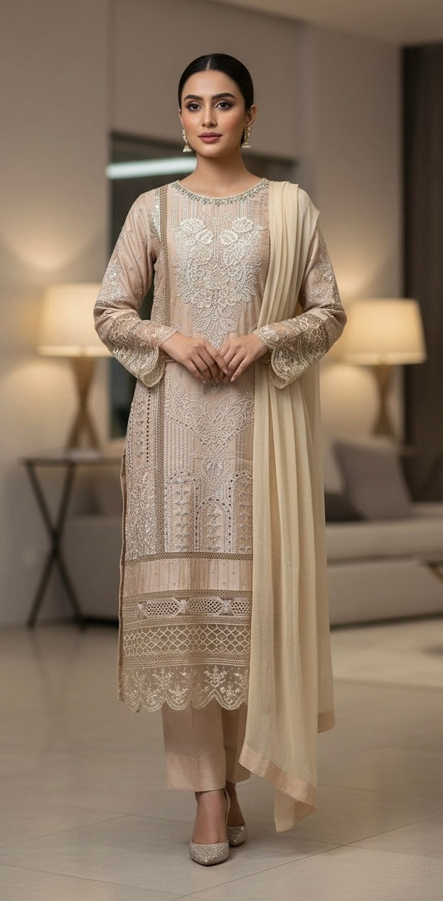 1184D - Champagne Beige Embroidered Viscose 3 Piece suit