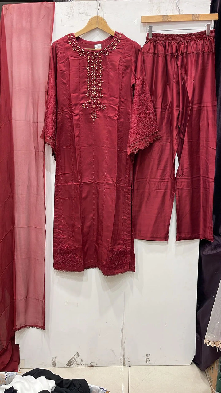 1186A - Red Embroidered Viscose Linen 3 Piece suit