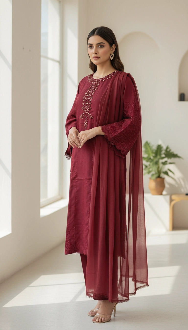 1186A - Red Embroidered Viscose Linen 3 Piece suit