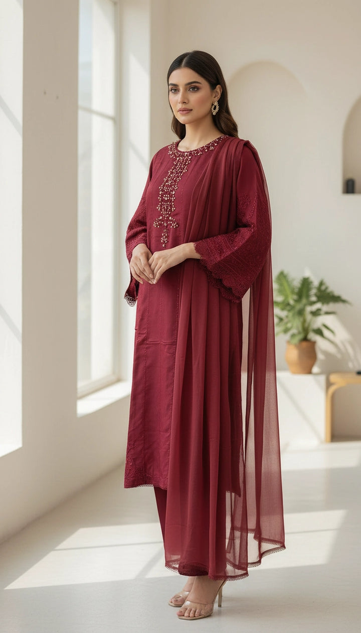 1186A - Red Embroidered Viscose Linen 3 Piece suit