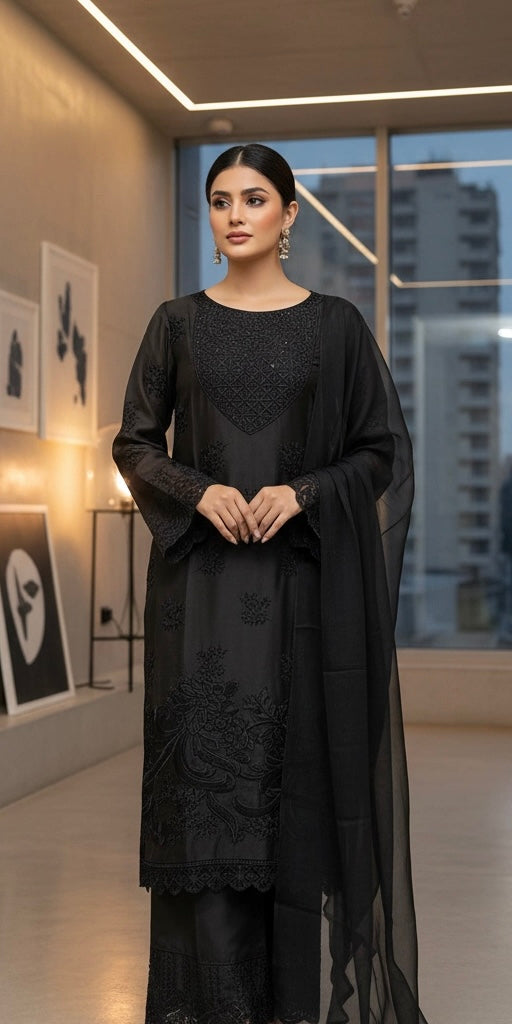 1185B - Black Embroidered Viscose Linen 3 Piece suit