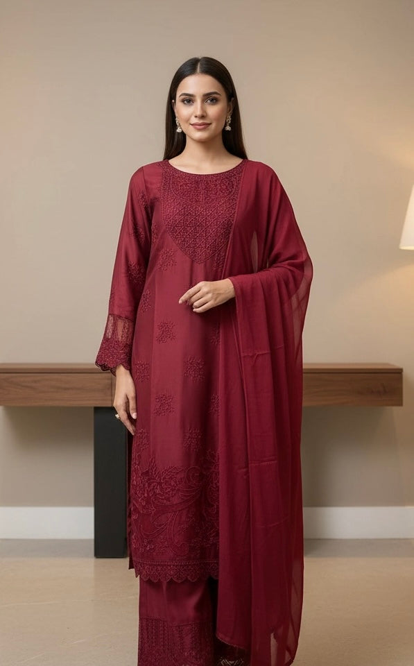 1185A - Red Embroidered Viscose Linen 3 Piece suit