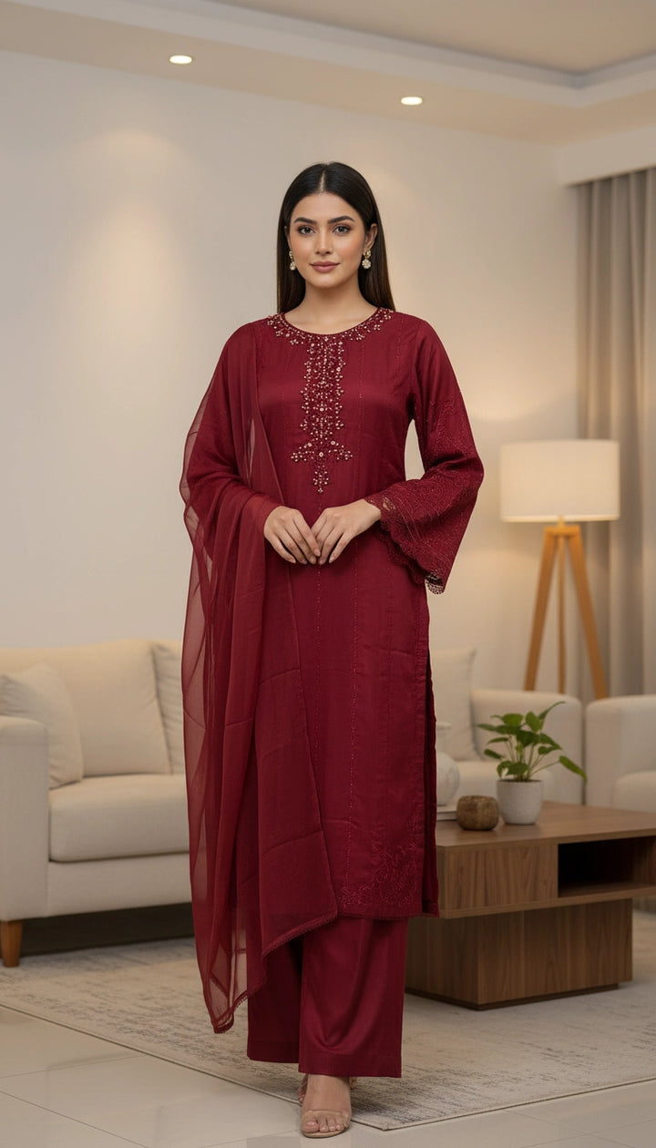 1186A - Red Embroidered Viscose Linen 3 Piece suit