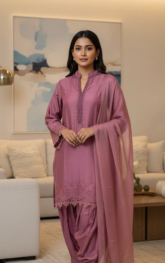 NF01 - Pink Farshi Shalwar Embroidered linen suit