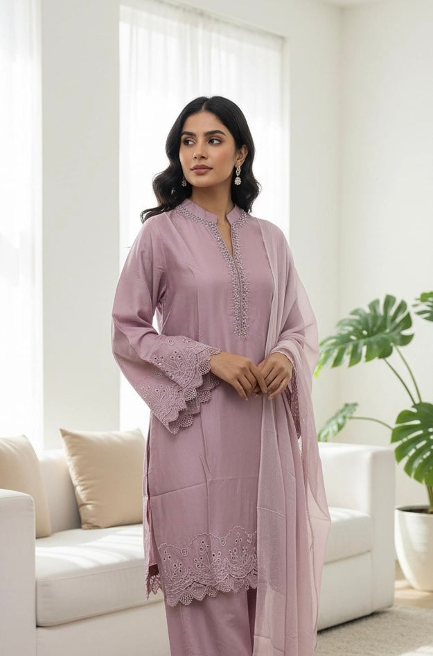 NF02 - Mauve Farshi Shalwar Embroidered linen suit