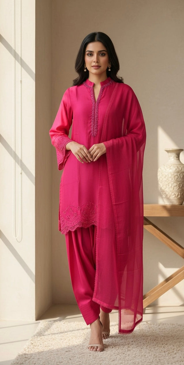 NF03 - Dark Pink Farshi Shalwar Embroidered linen suit