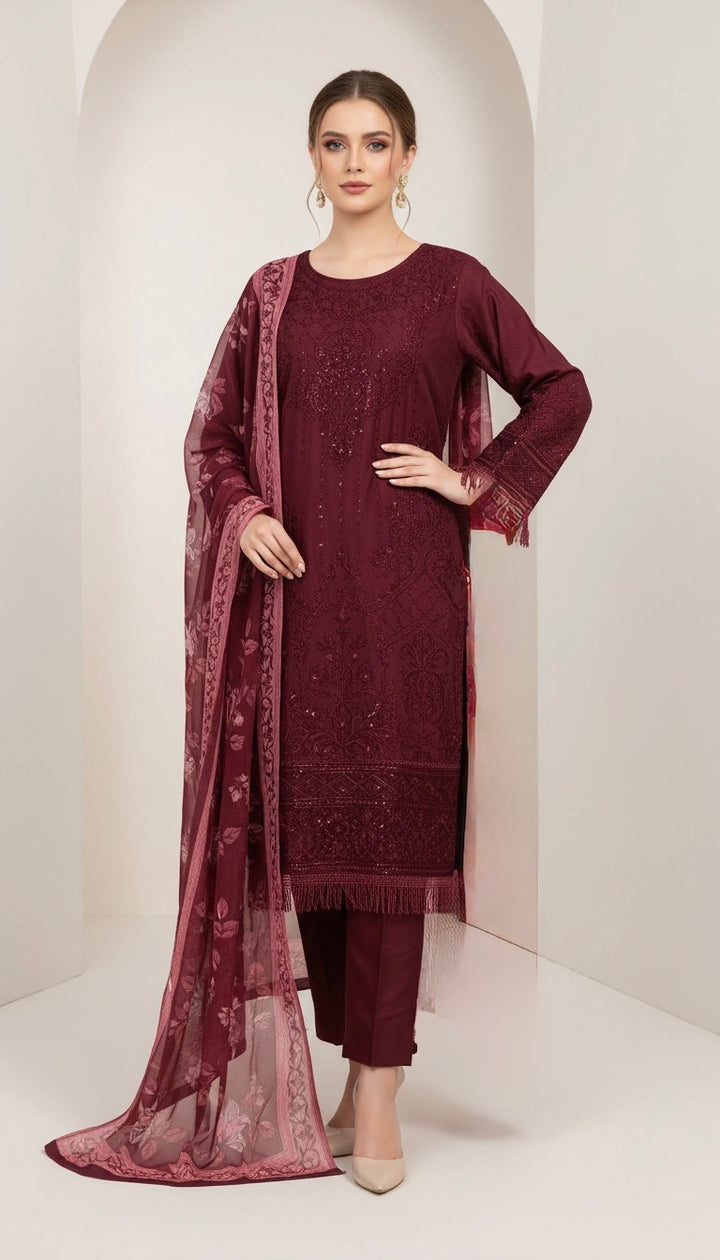 1183A - Red Embroidered linen 3 piece suit