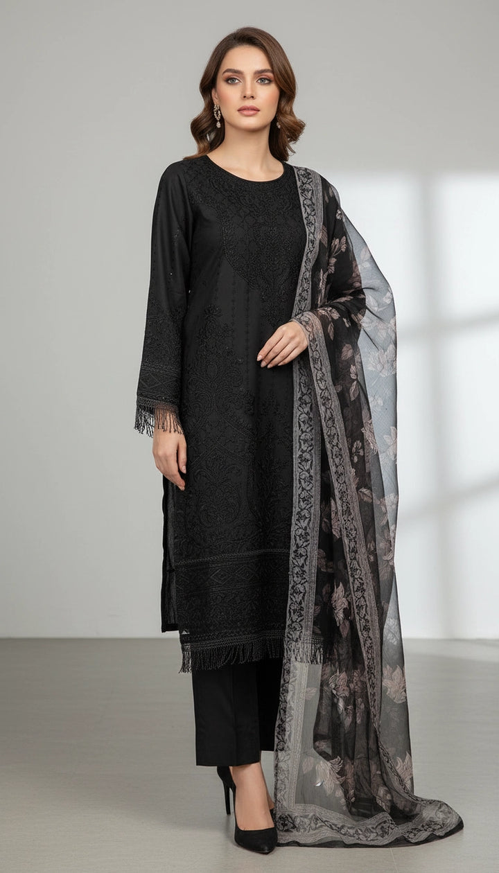 1183B - Black Embroidered linen 3 piece suit
